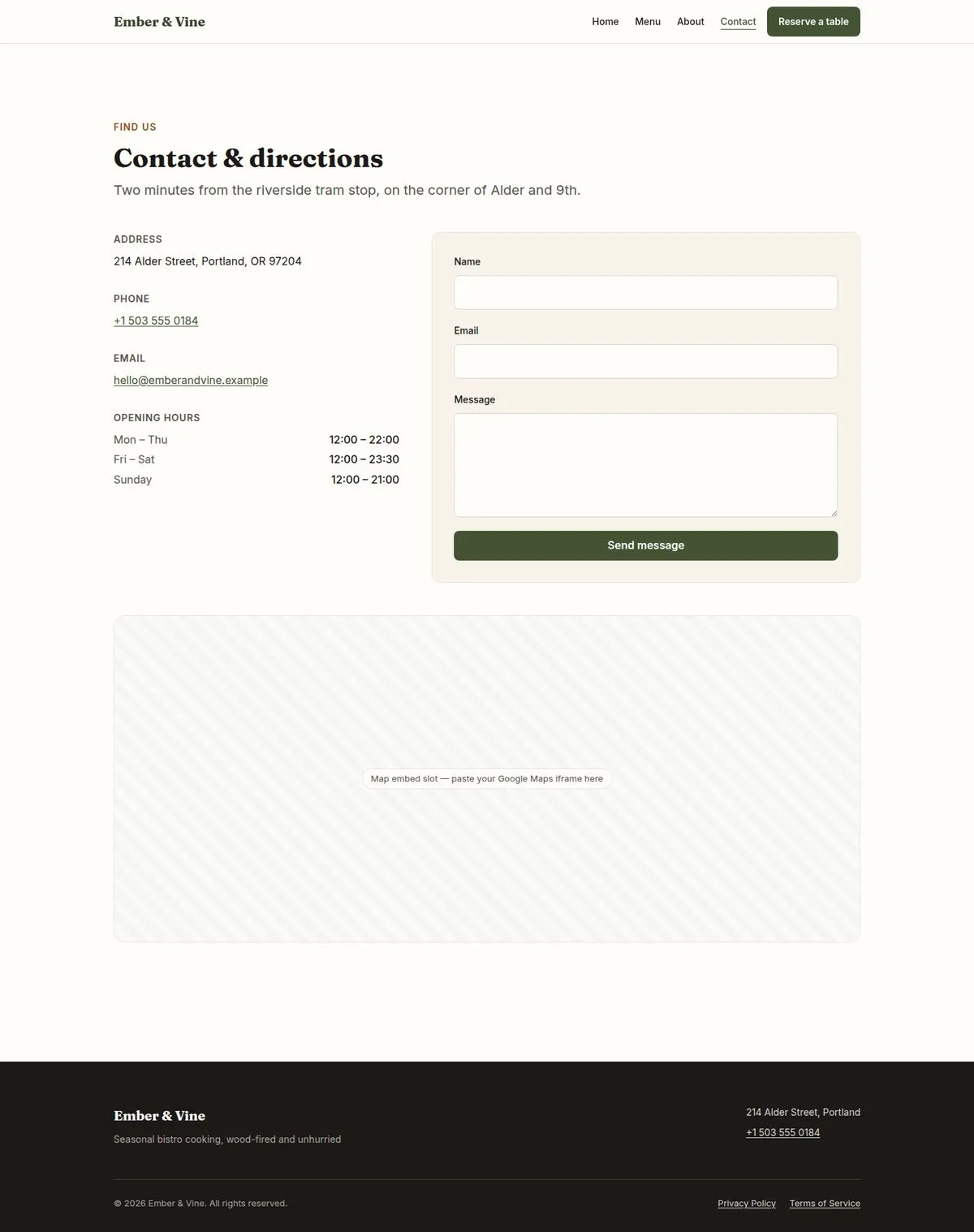 Restoran-01 — Contact page, full-page screenshot