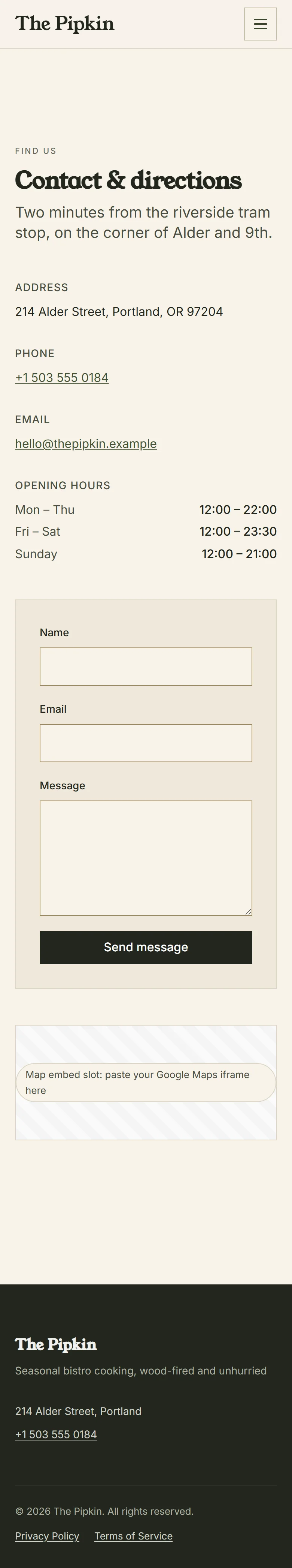 Bramley — Contact page on mobile, full-page render