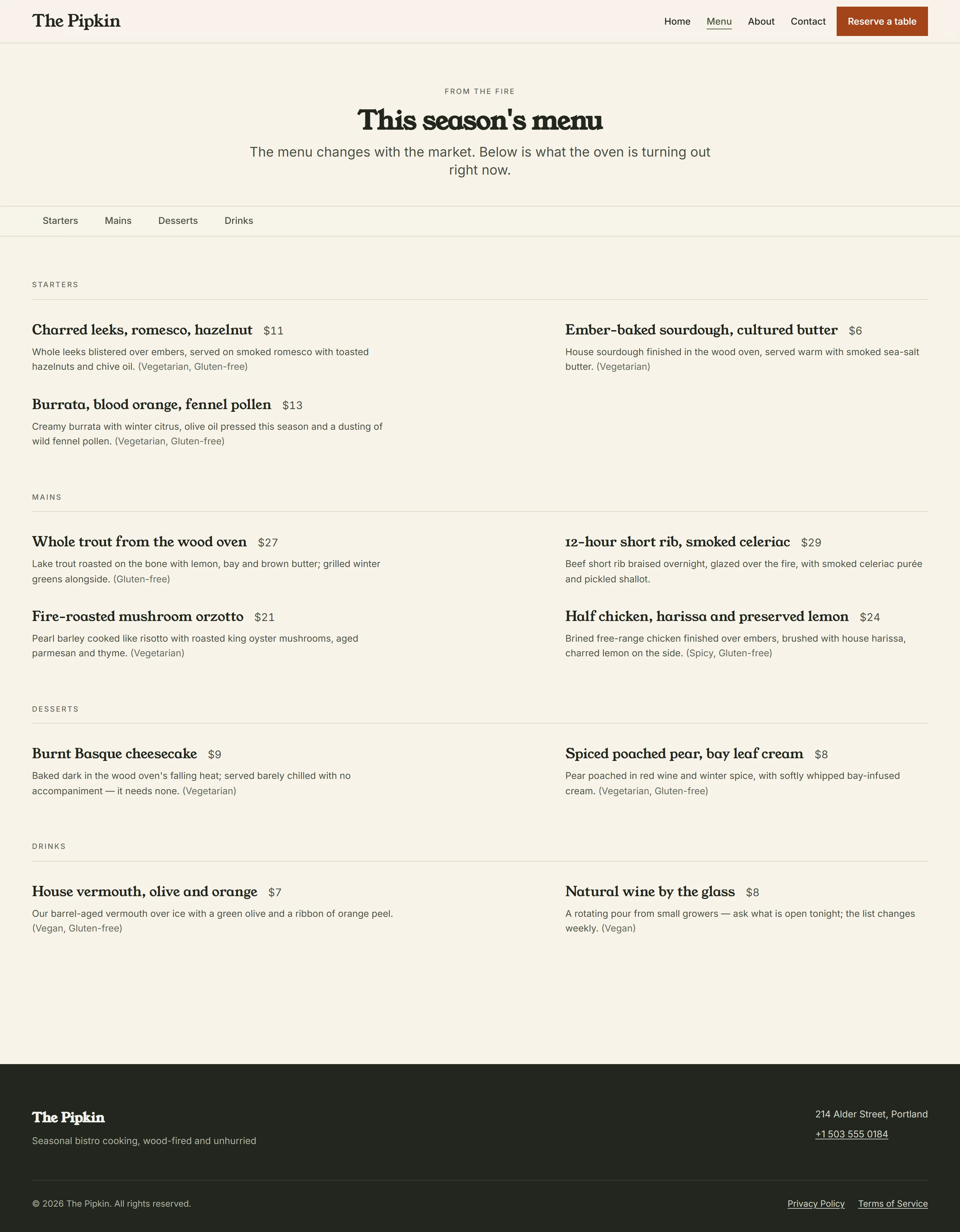 Bramley — Menu page on desktop, full-page render