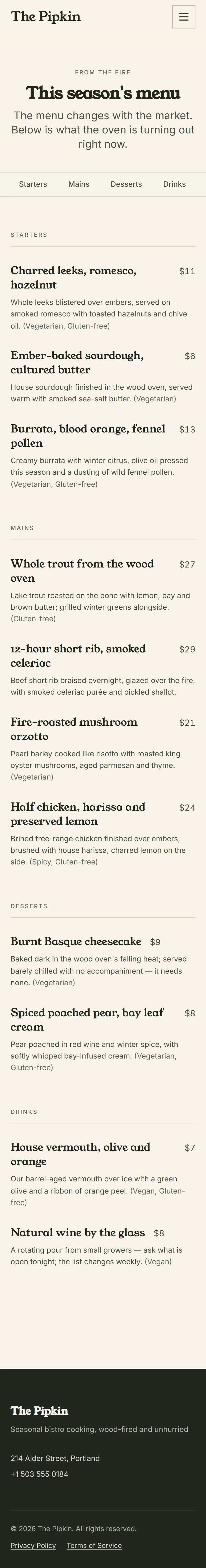 Bramley — Menu page on mobile, full-page render