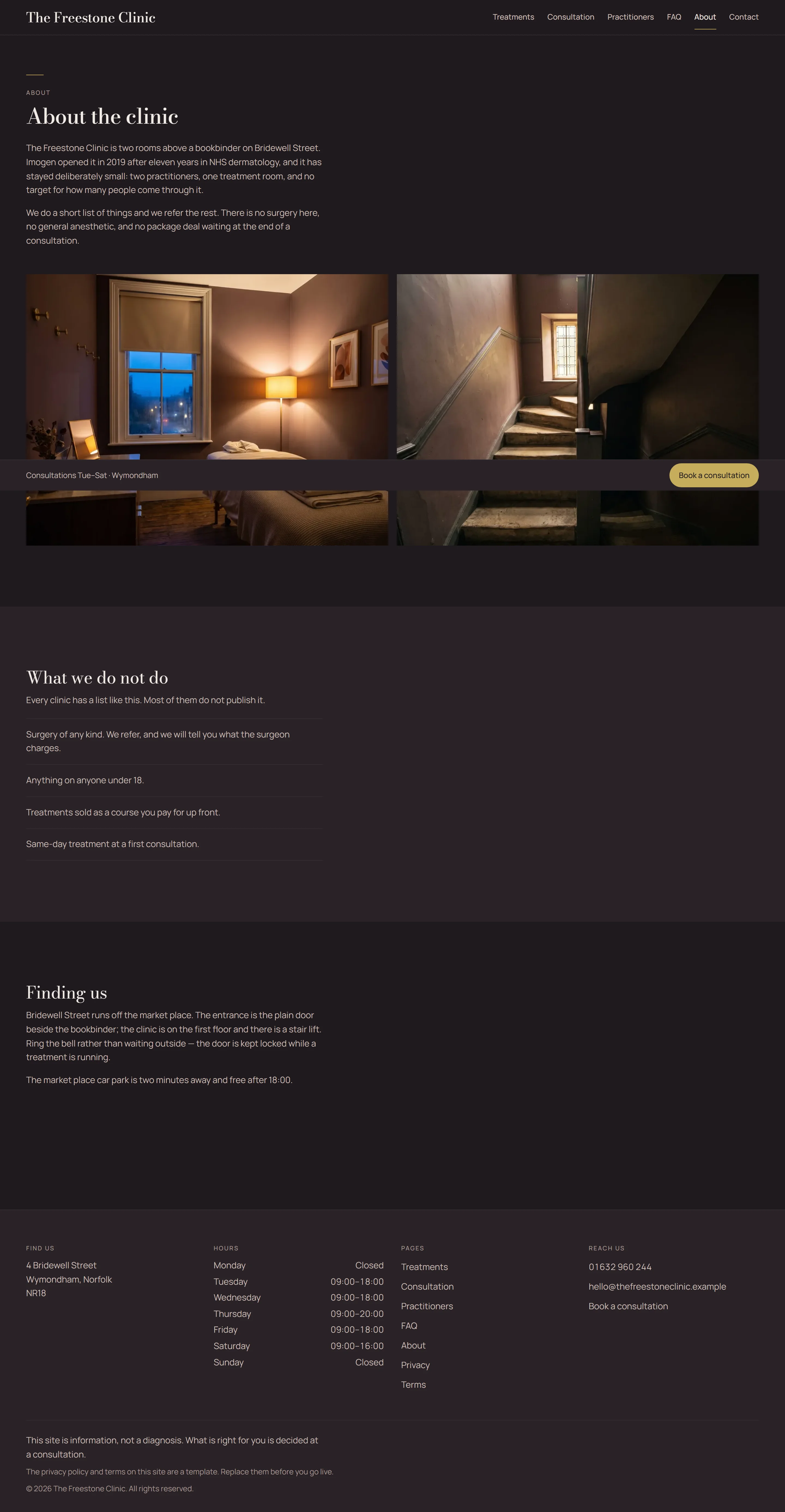 Corsham — About page on desktop, full-page render