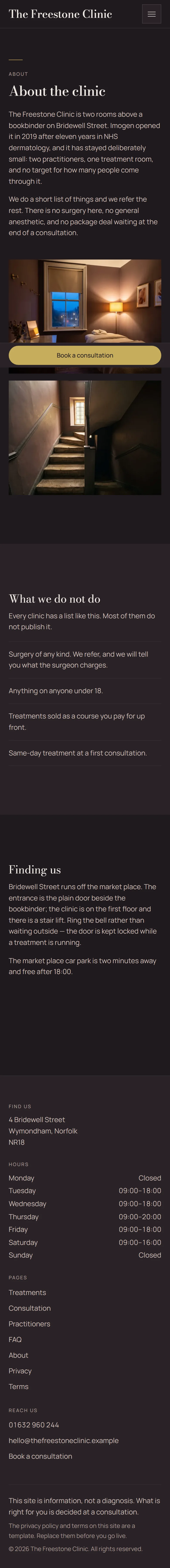 Corsham — About page on mobile, full-page render