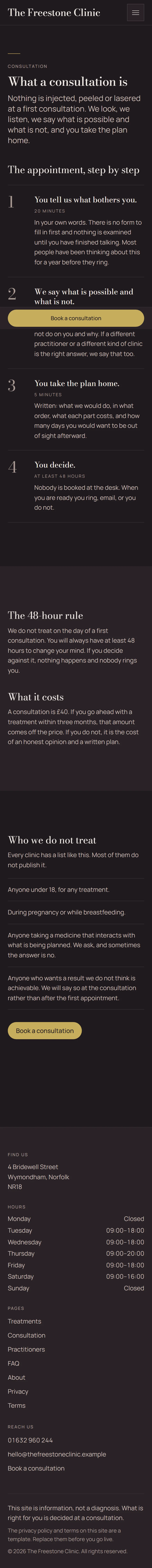 Corsham — Consultation page on mobile, full-page render