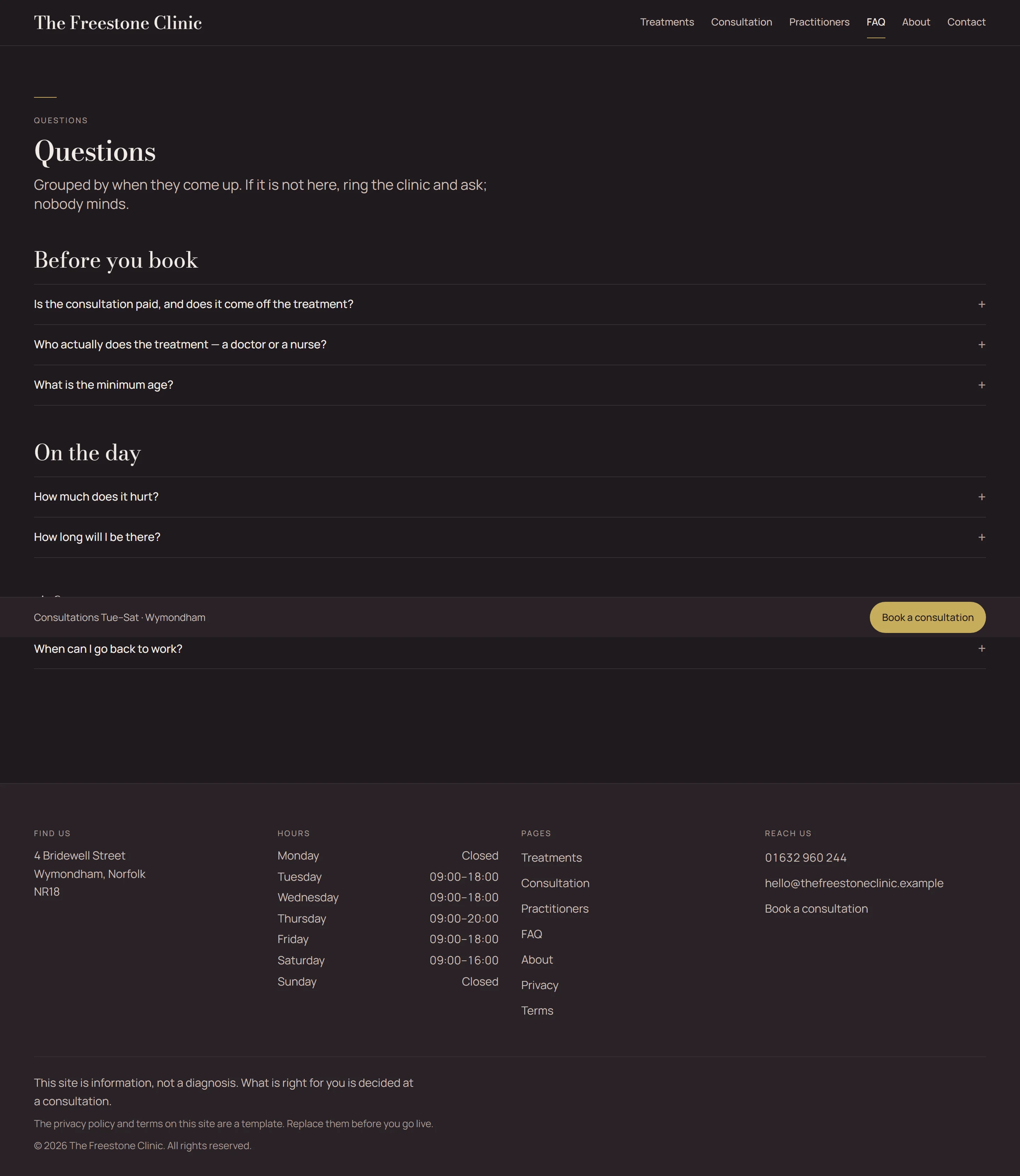 Corsham — FAQ page on desktop, full-page render