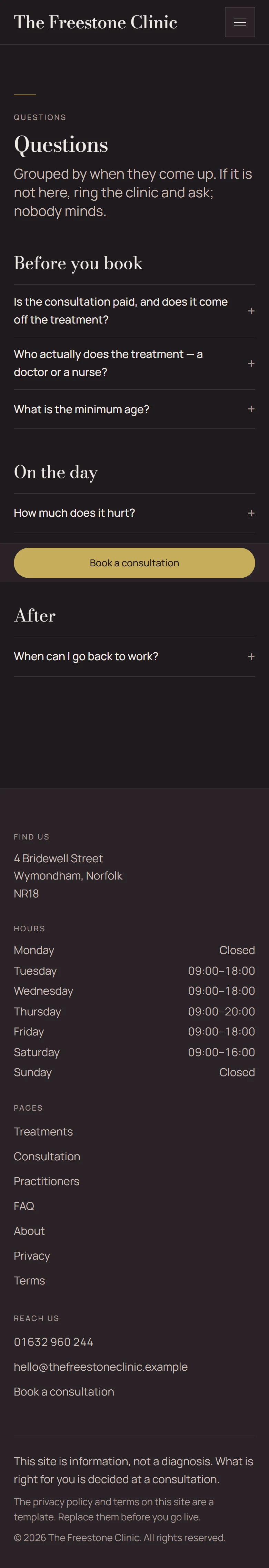 Corsham — FAQ page on mobile, full-page render