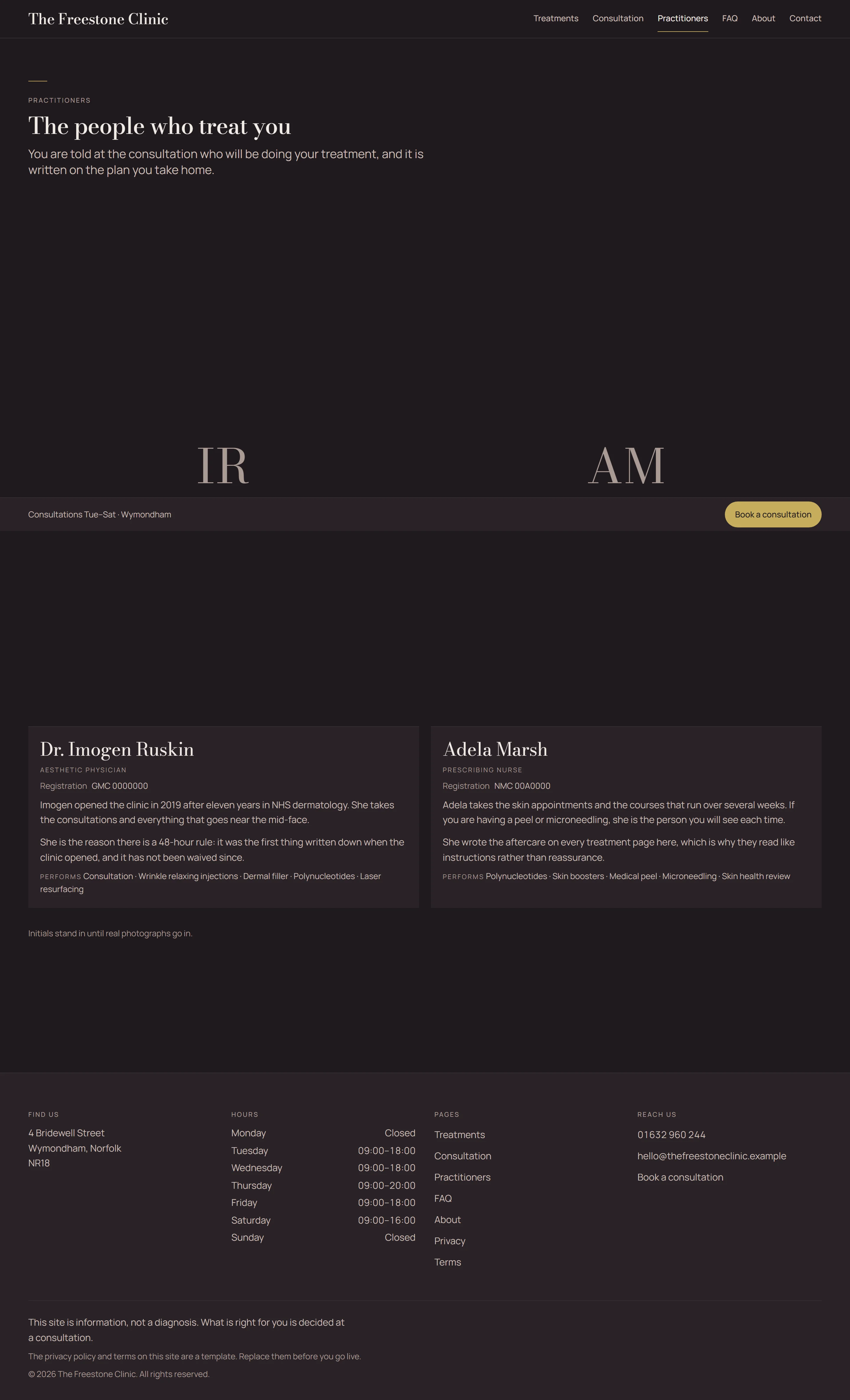 Corsham — Practitioners page on desktop, full-page render