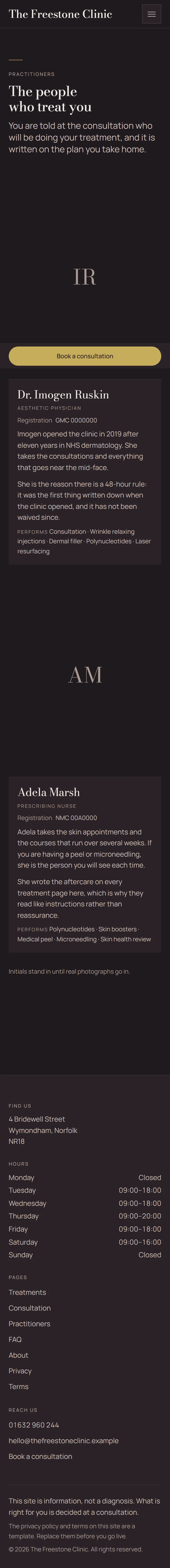 Corsham — Practitioners page on mobile, full-page render