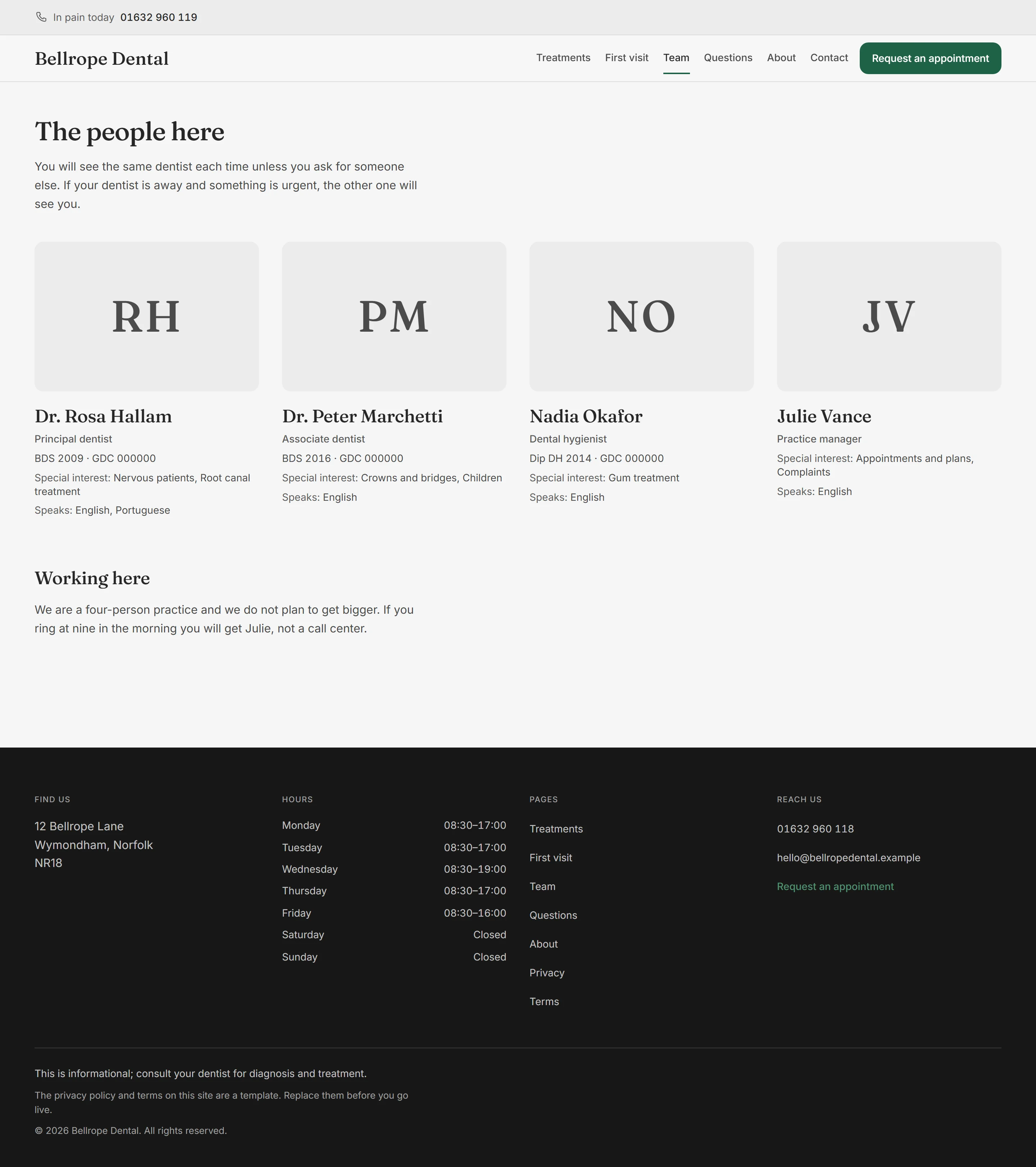 Halwell — Team page on desktop, full-page render