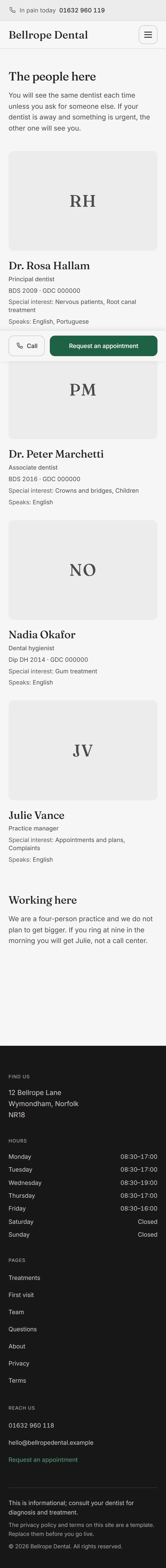 Halwell — Team page on mobile, full-page render