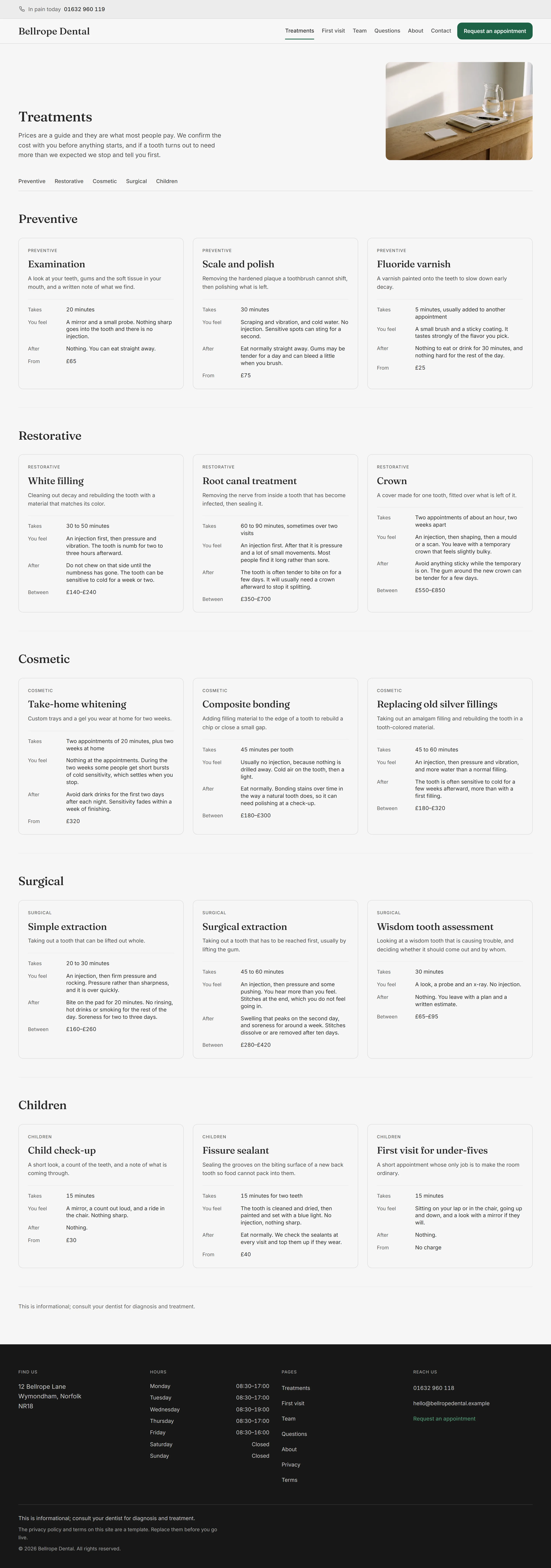 Halwell — Treatments page on desktop, full-page render