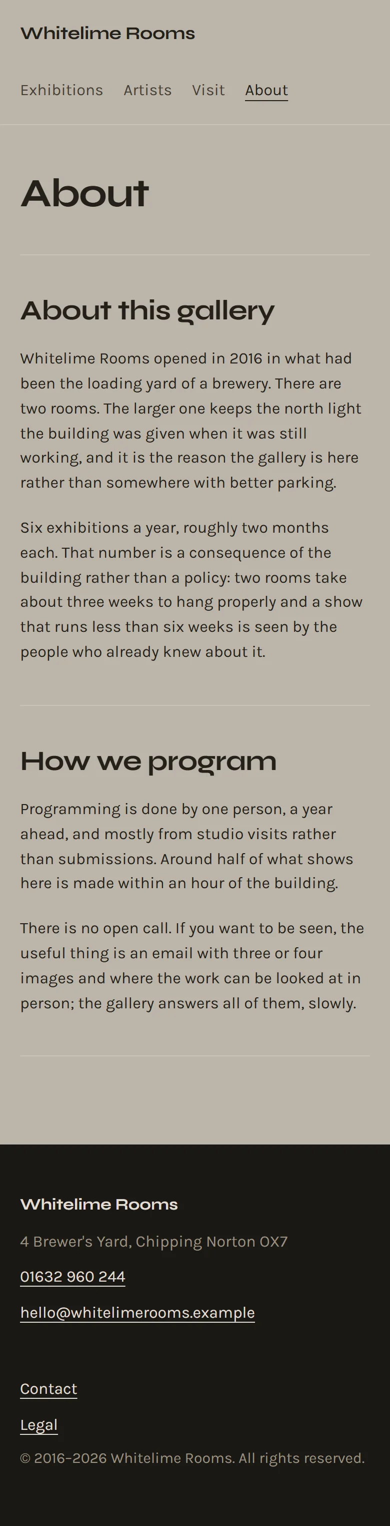 Hopton — About page on mobile, full-page render