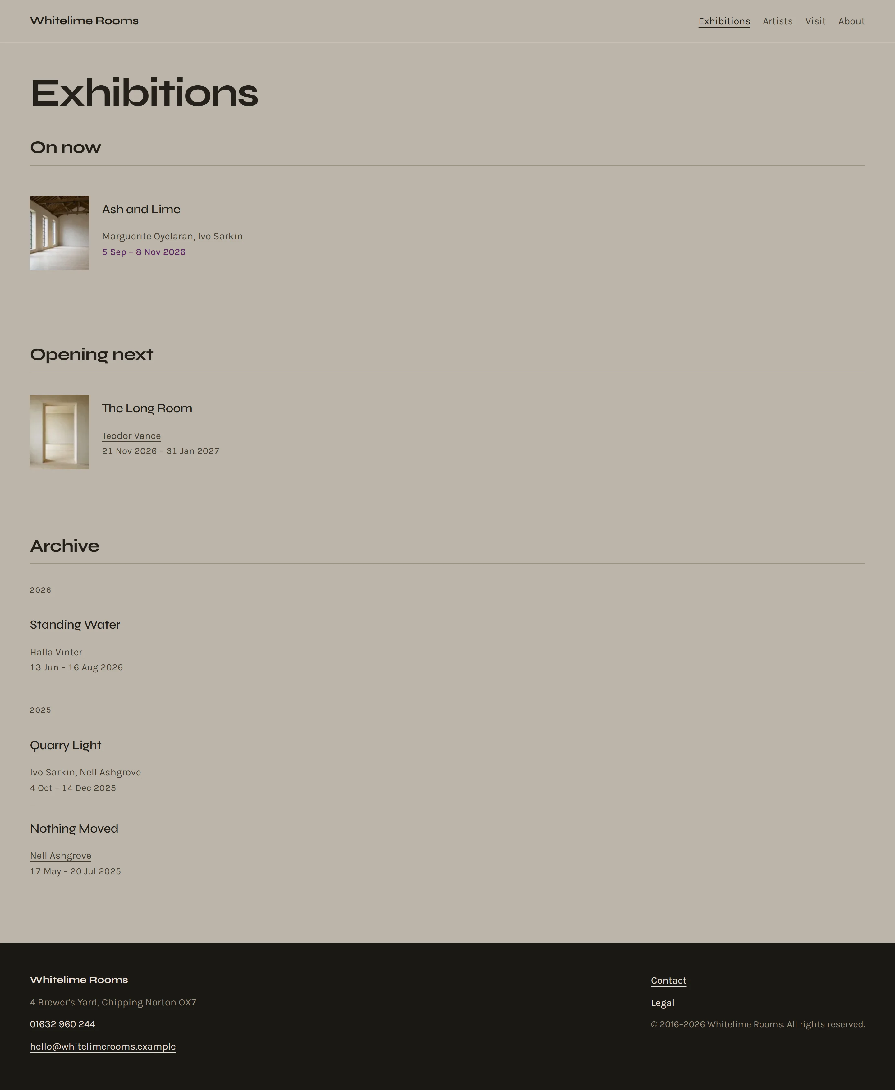 Hopton — Exhibitions page on desktop, full-page render