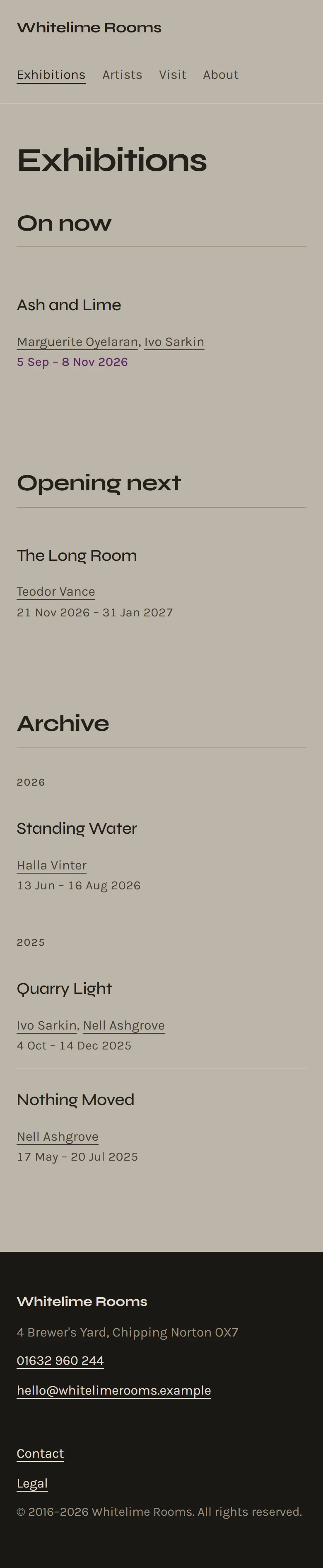 Hopton — Exhibitions page on mobile, full-page render