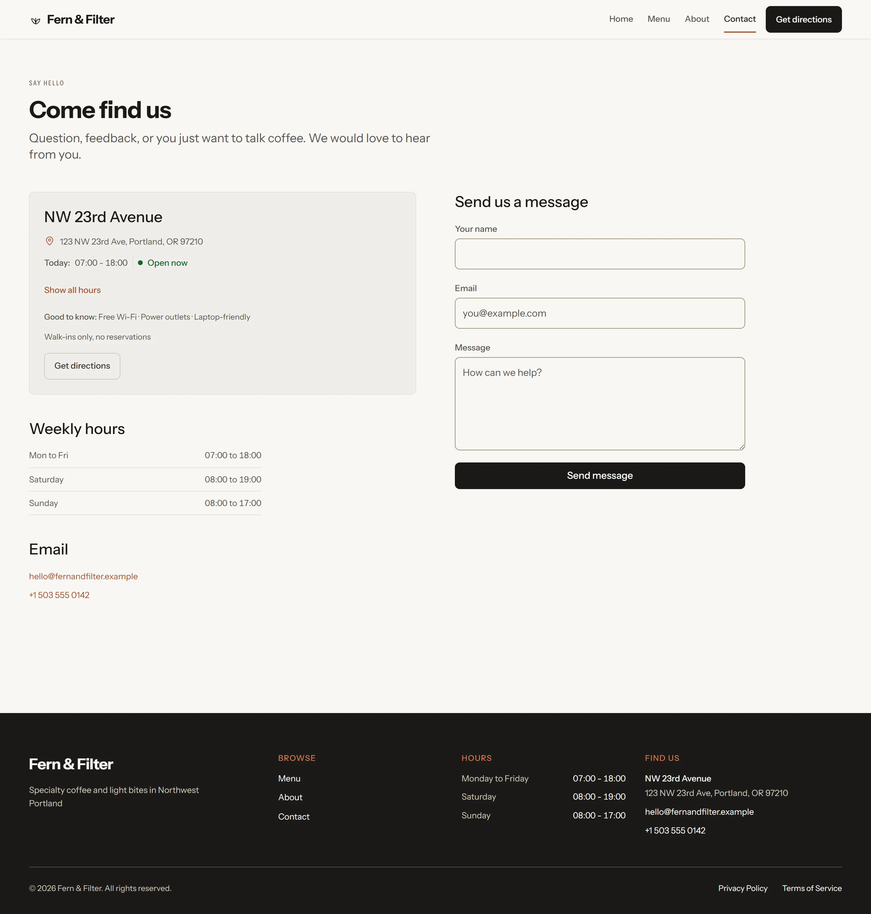 Larkin — Contact page on desktop, full-page render