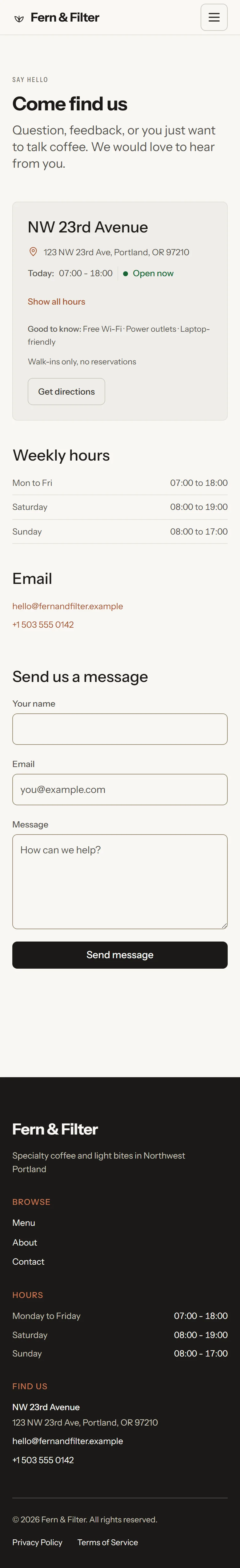 Larkin — Contact page on mobile, full-page render