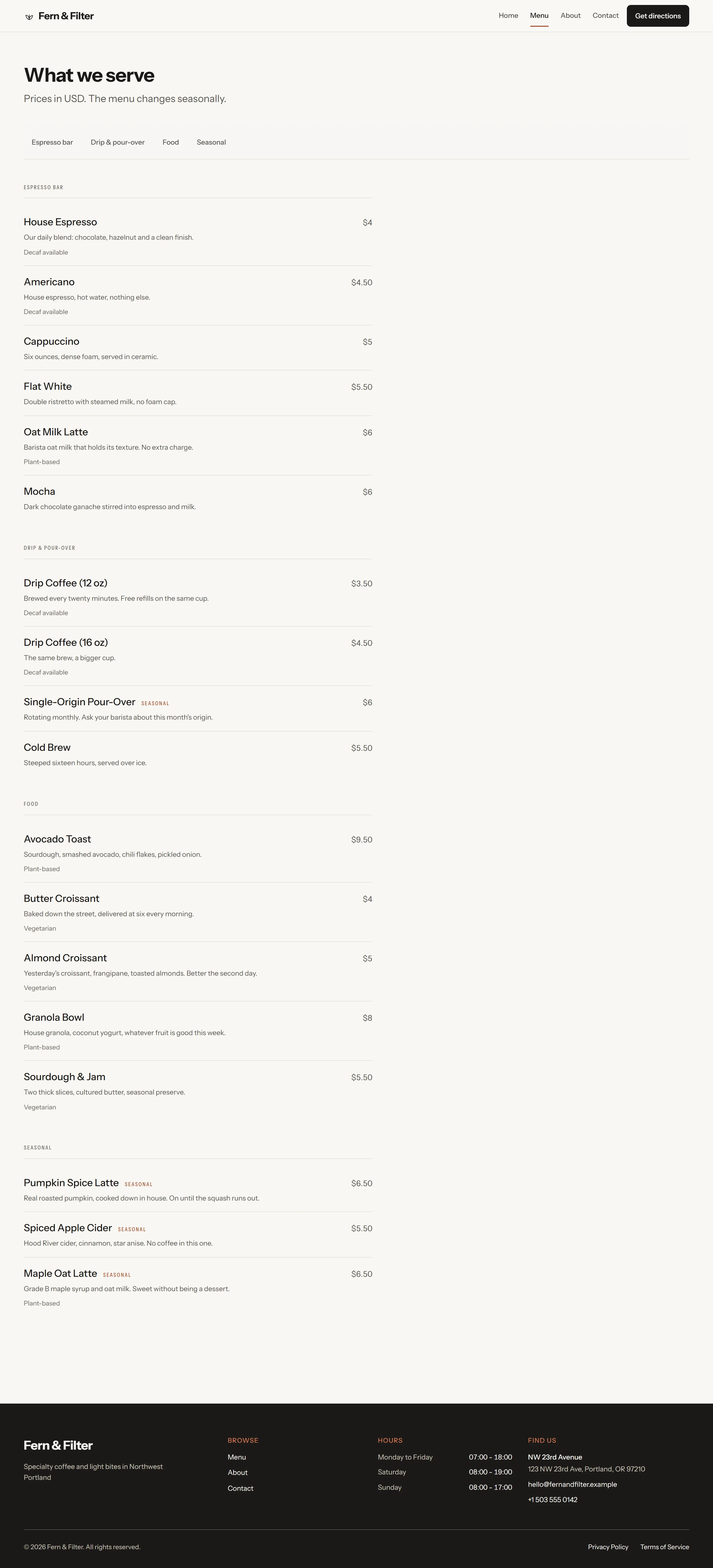 Larkin — Menu page on desktop, full-page render