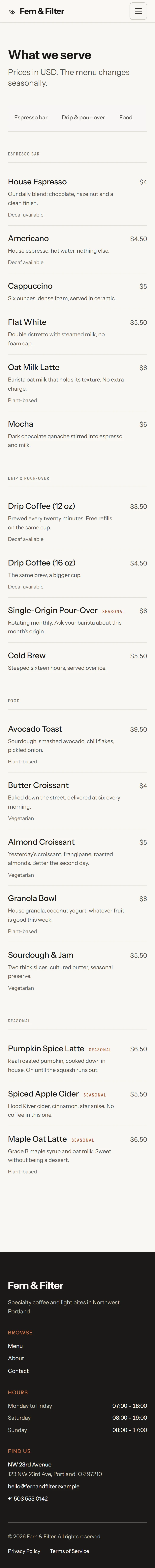 Larkin — Menu page on mobile, full-page render