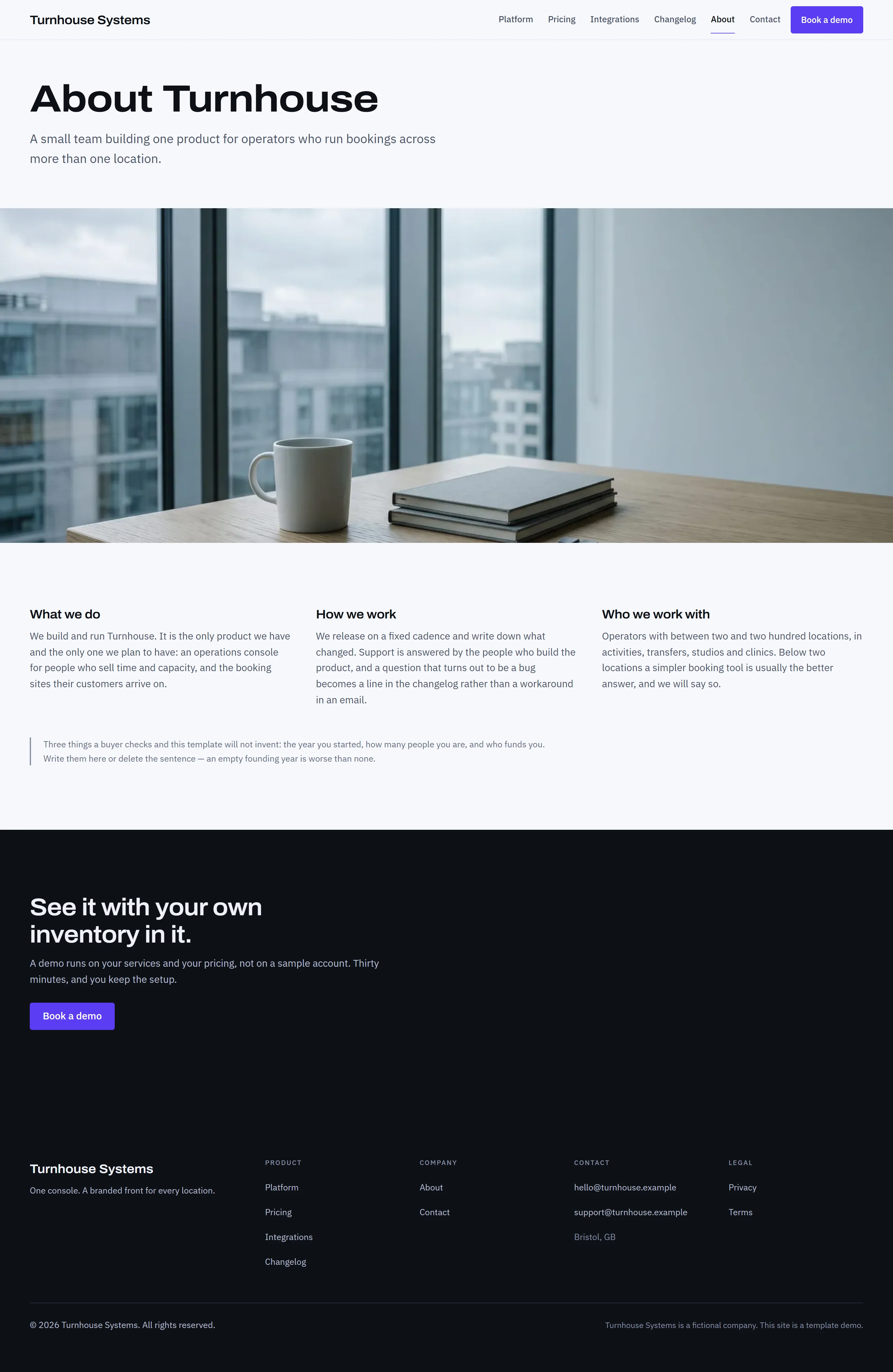 Meldon — About page on desktop, full-page render