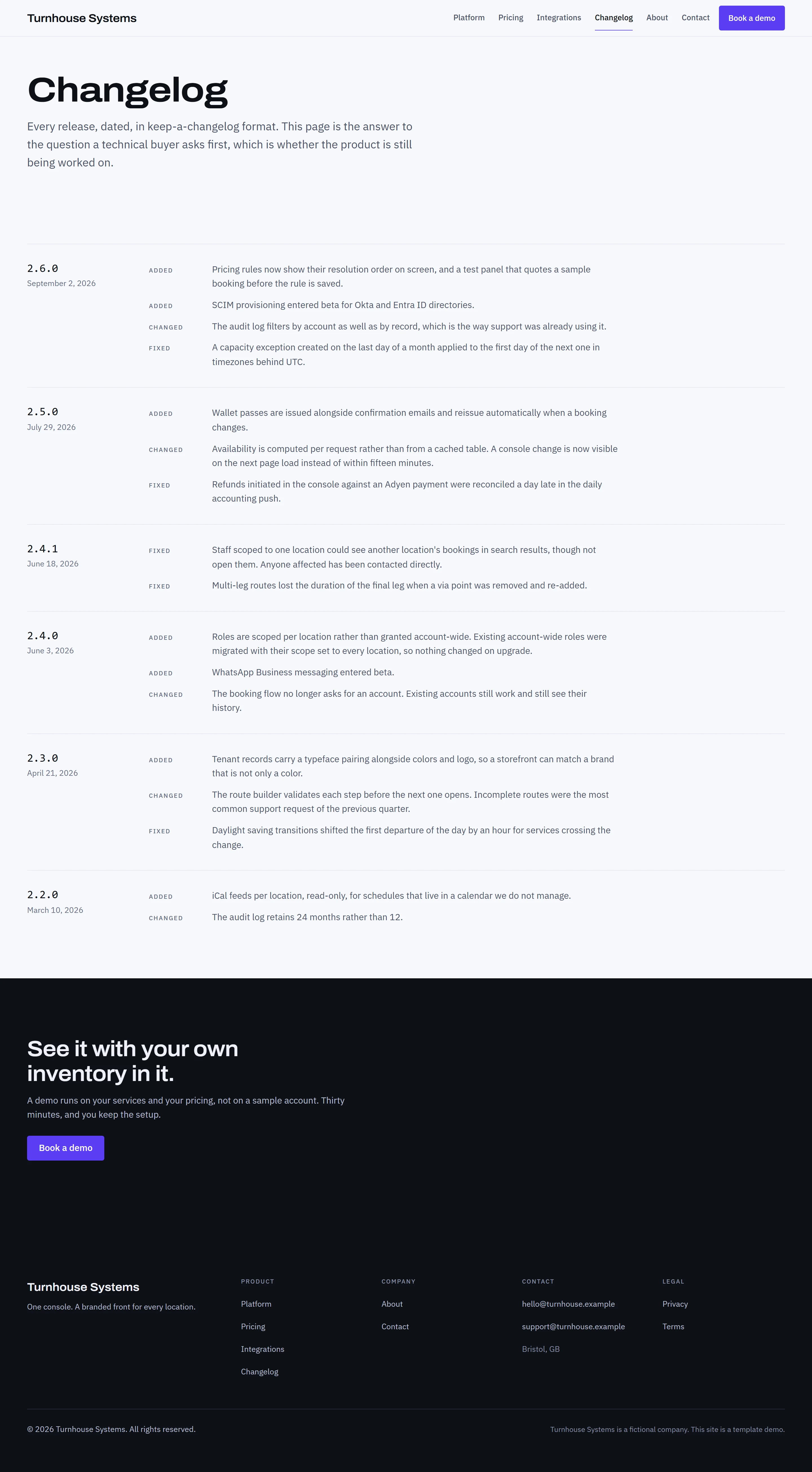 Meldon — Changelog page on desktop, full-page render