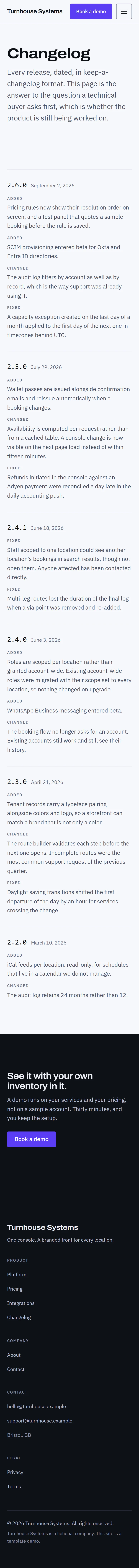 Meldon — Changelog page on mobile, full-page render