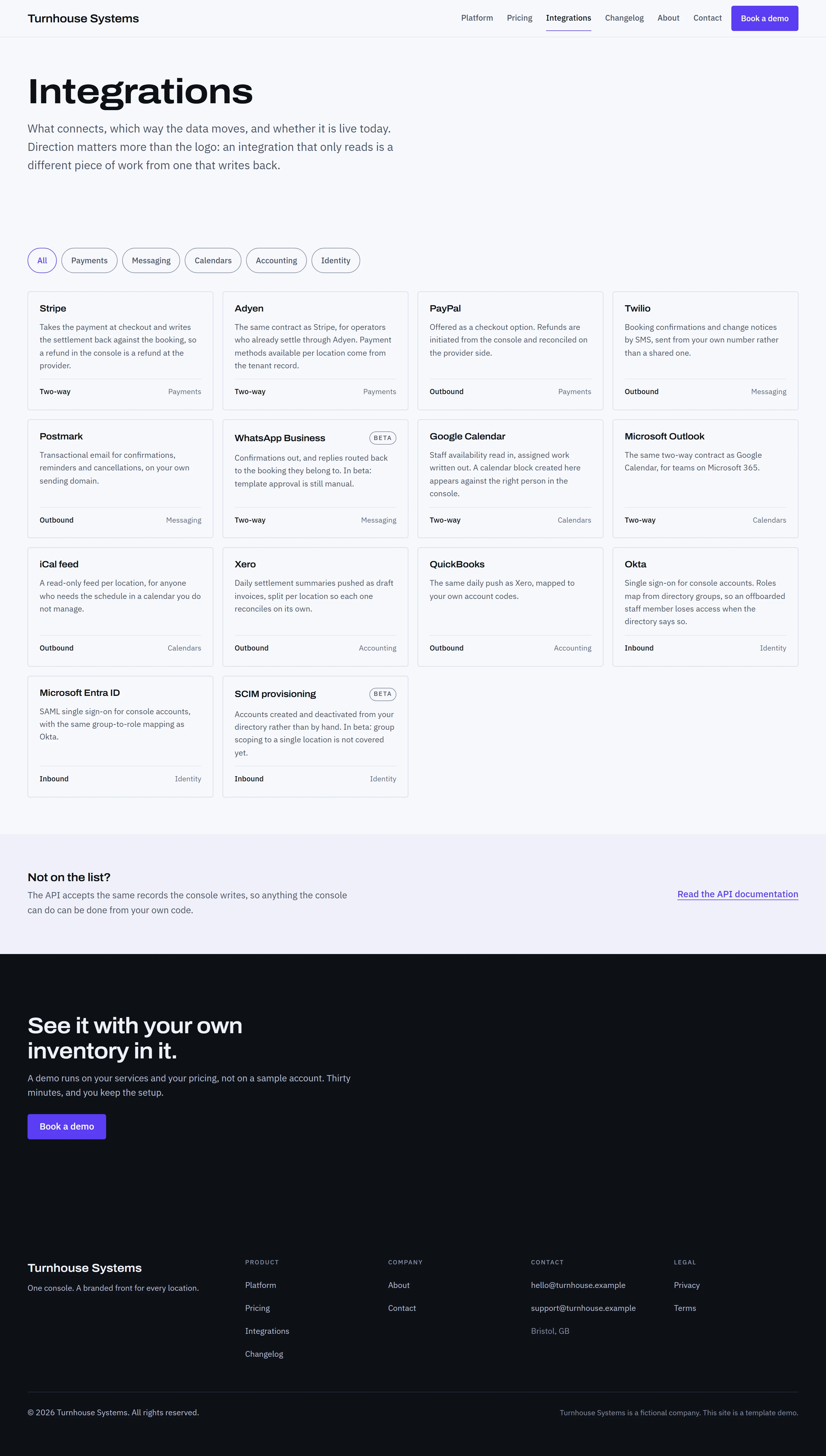 Meldon — Integrations page on desktop, full-page render