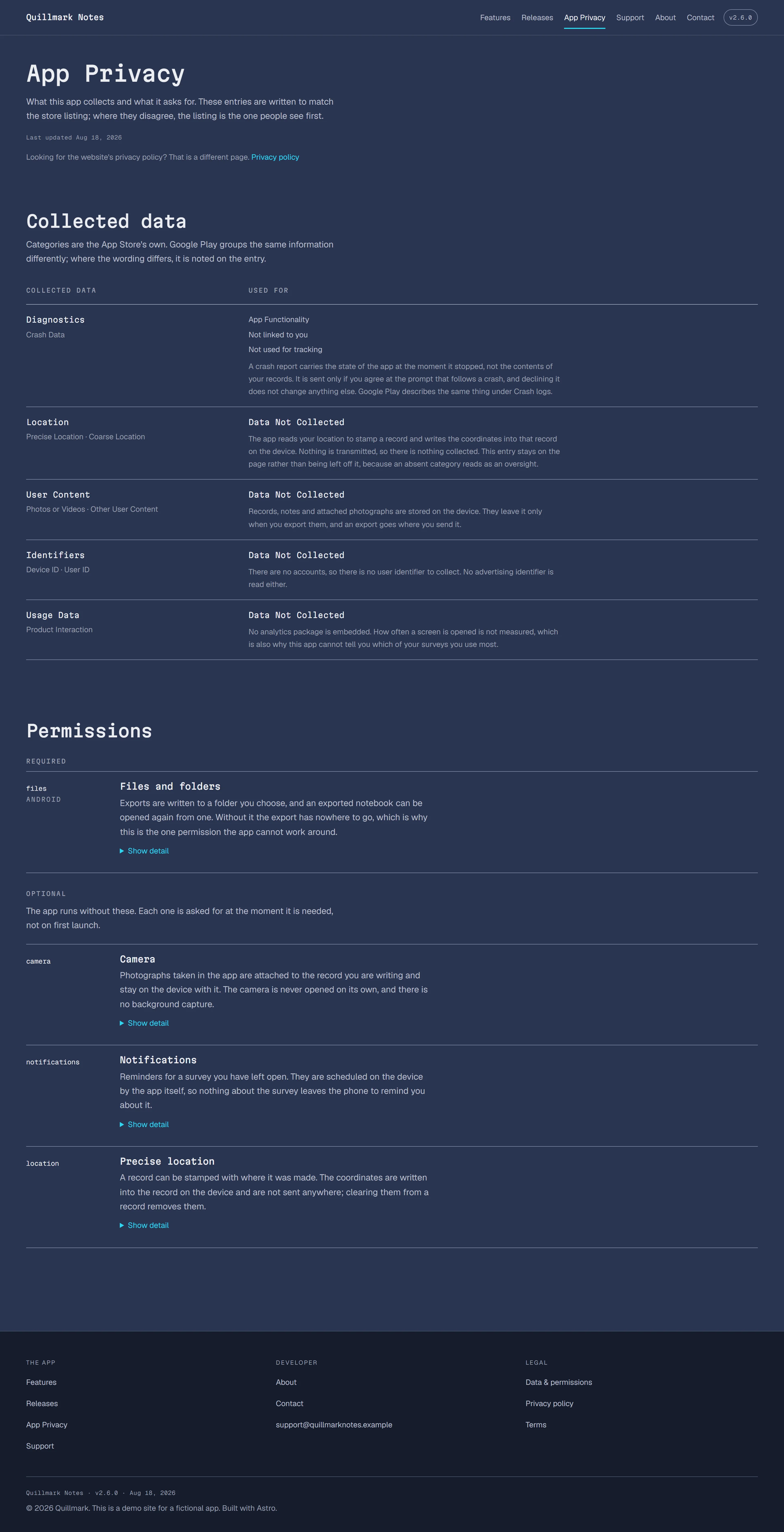 Wardlow — App Privacy page on desktop, full-page render