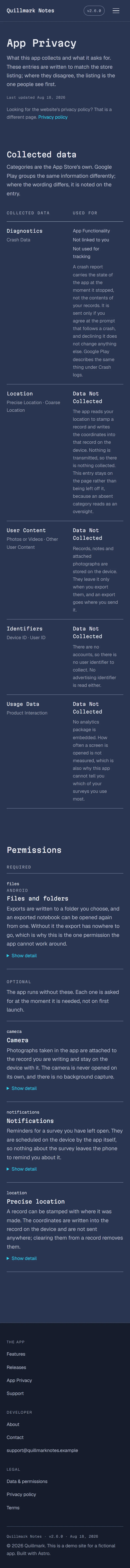 Wardlow — App Privacy page on mobile, full-page render