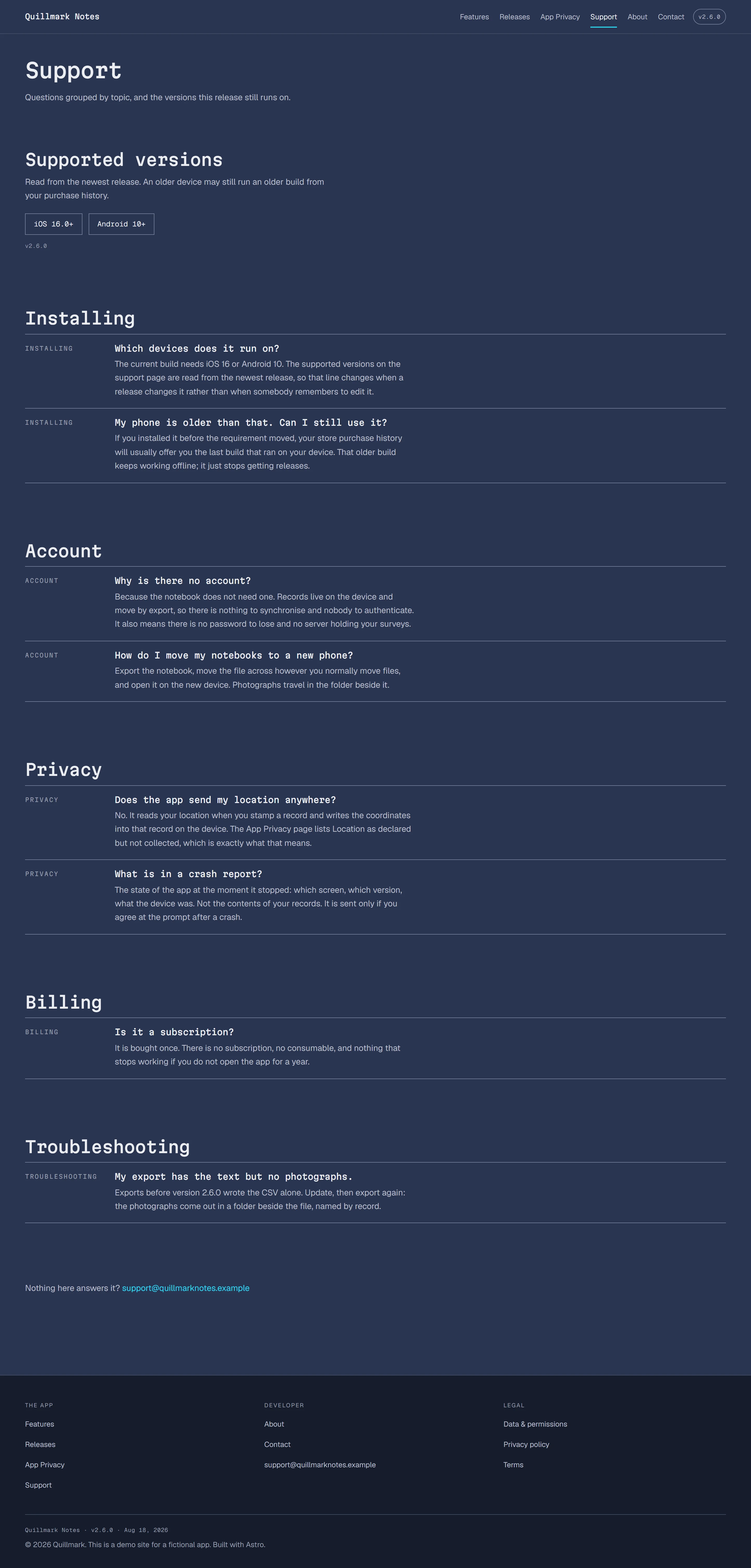 Wardlow — Support page on desktop, full-page render