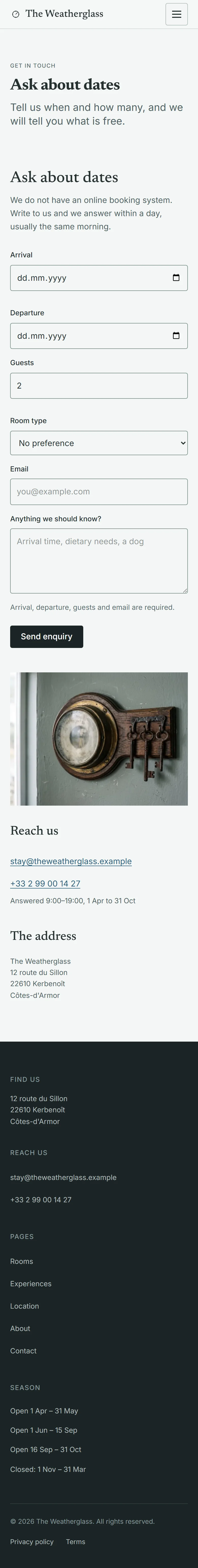 Wickmere — Contact page on mobile, full-page render