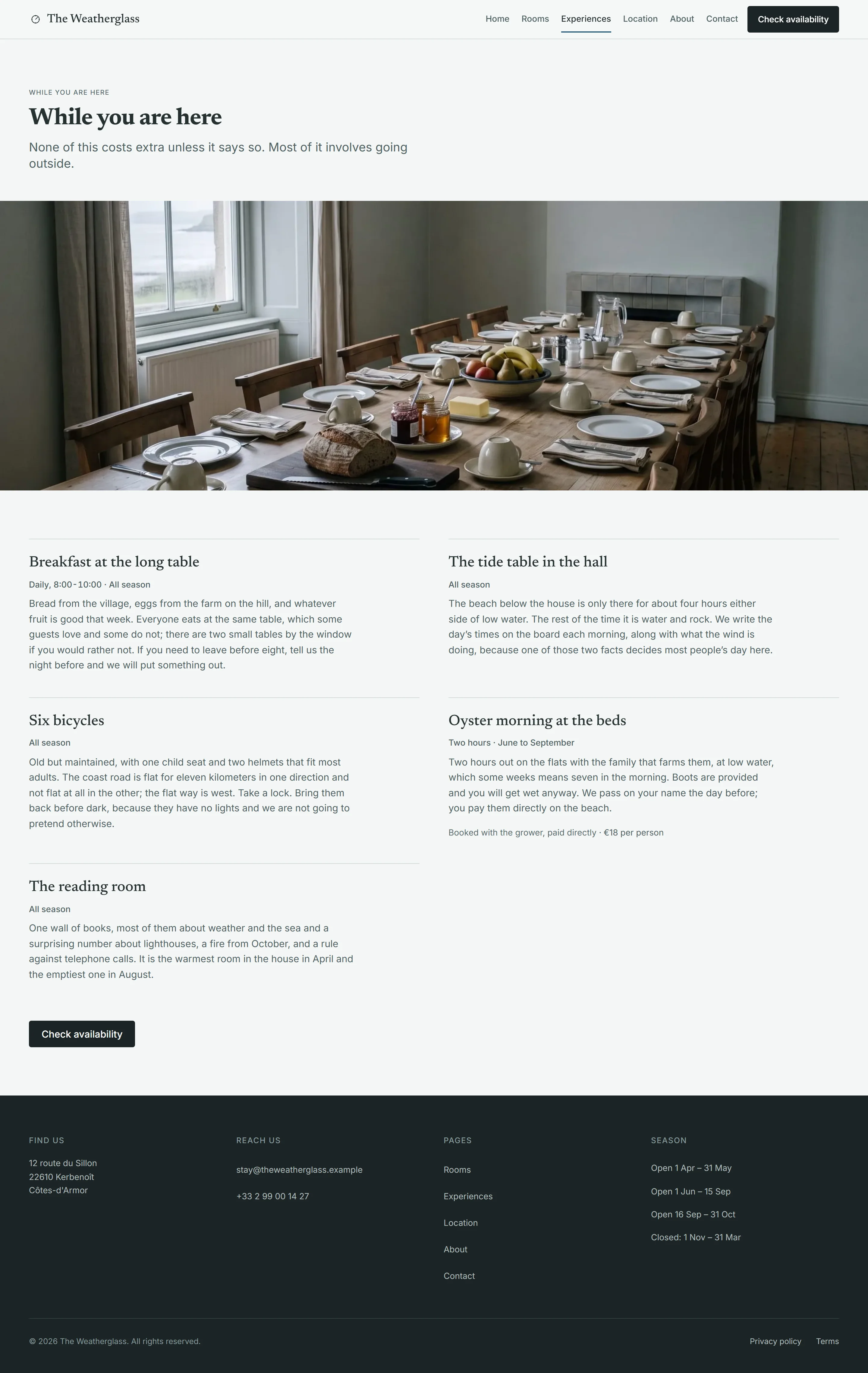Wickmere — Experiences page on desktop, full-page render