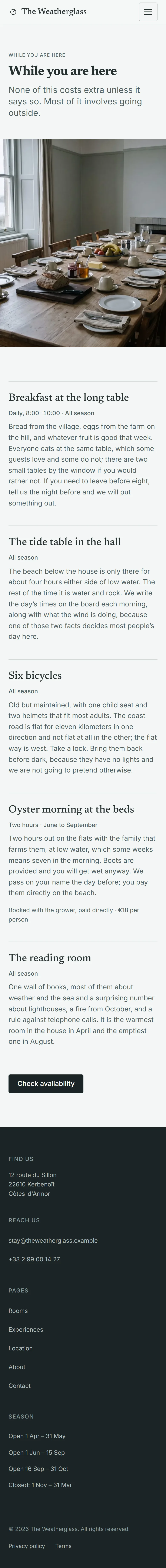 Wickmere — Experiences page on mobile, full-page render
