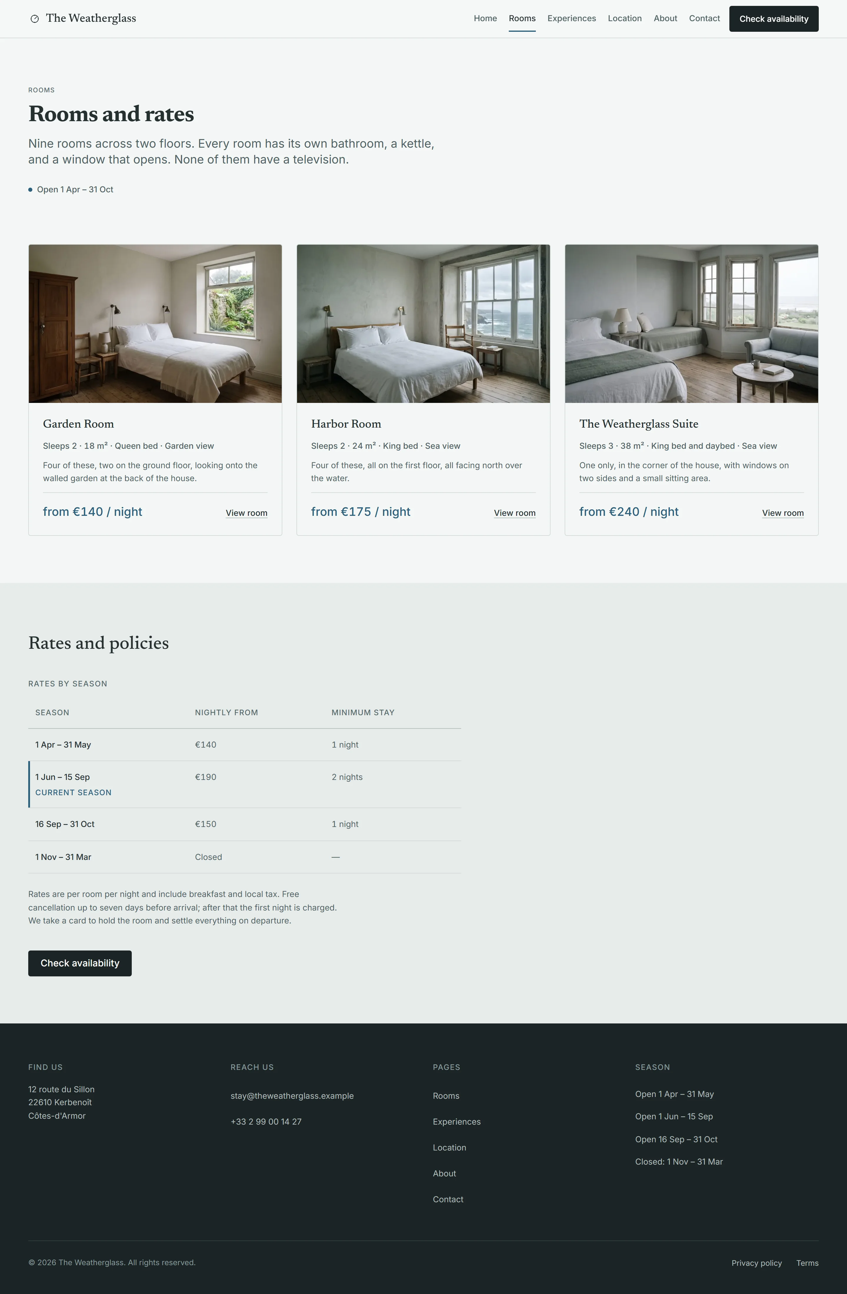 Wickmere — Rooms page on desktop, full-page render