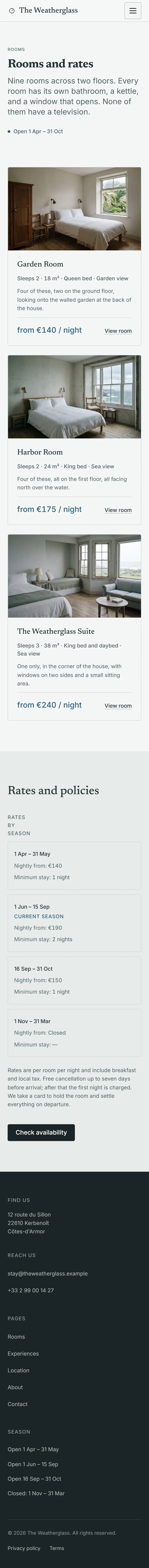 Wickmere — Rooms page on mobile, full-page render
